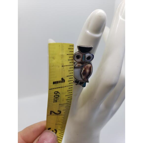 Vintage Southwestern Owl Inlay Ring Silver Turquoise MOP Shell Size 4 Native - Picture 6 of 12